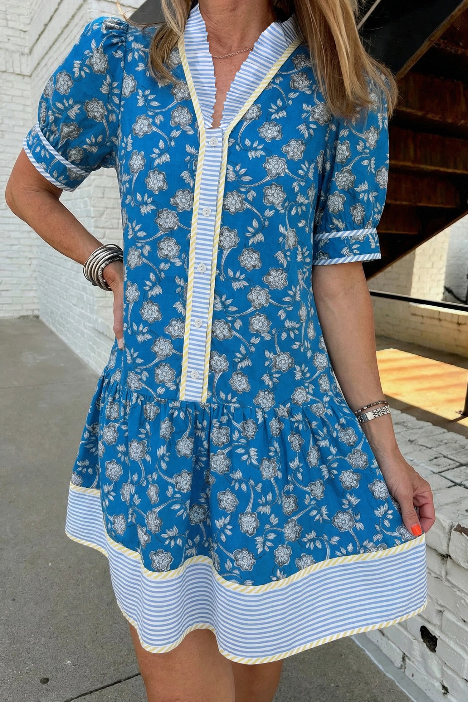 Blue Striped Trim Half Buttons Short Sleeve Floral Dress