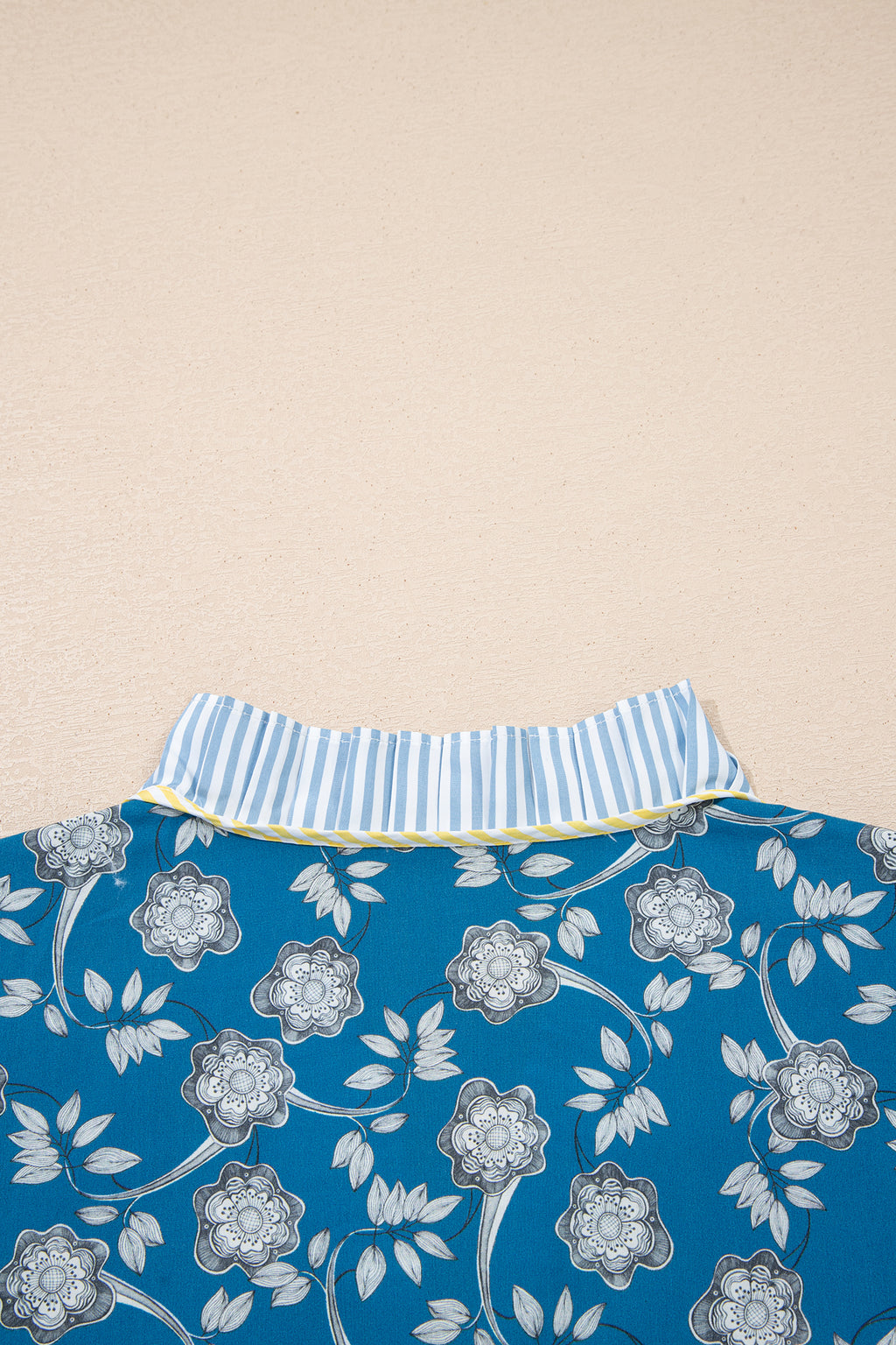 Blue Striped Trim Half Buttons Short Sleeve Floral Dress