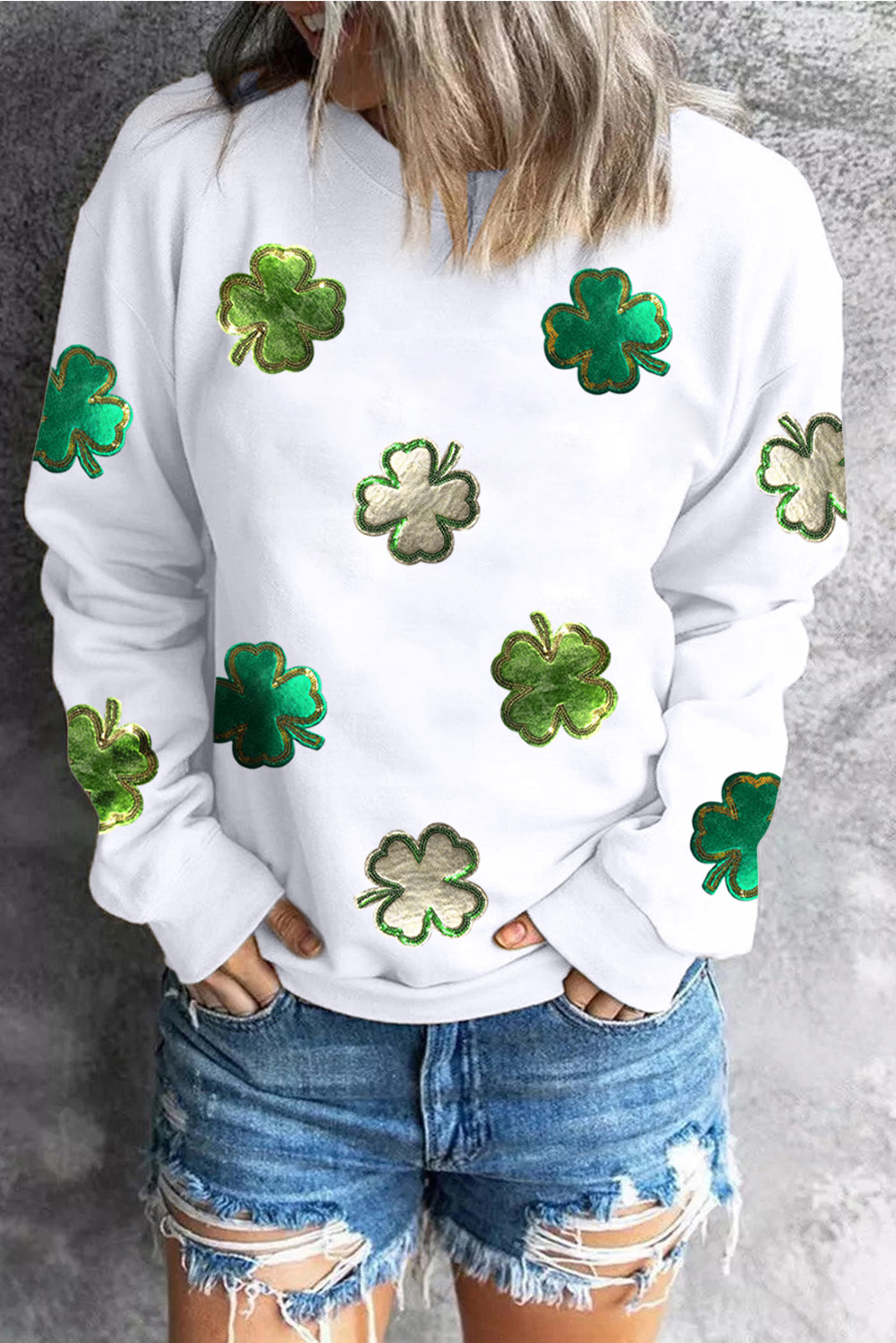White Four Leaf Clover Patched Graphic St Patricks Sweatshirt