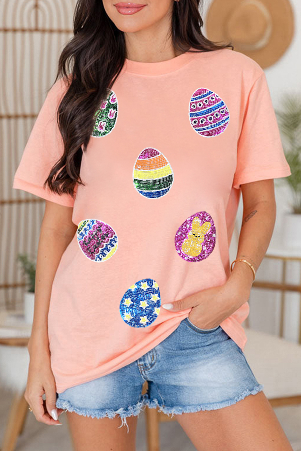Pink Sequin Easter Eggs Graphic Crewneck T Shirt