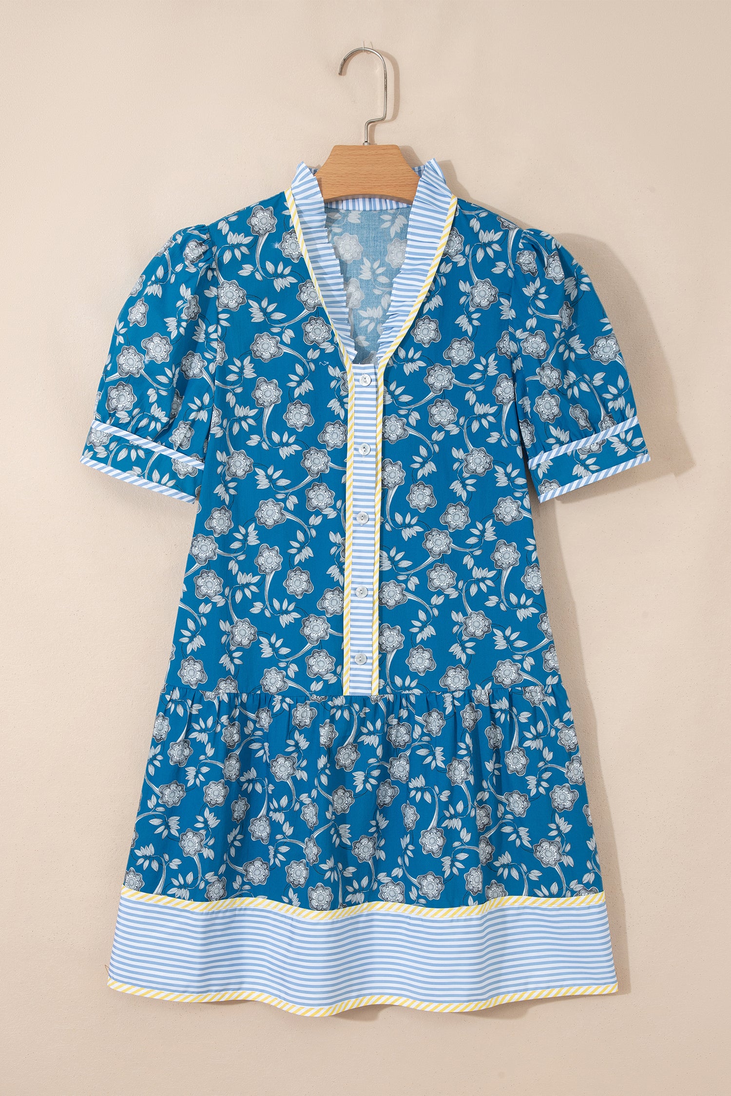Blue Striped Trim Half Buttons Short Sleeve Floral Dress