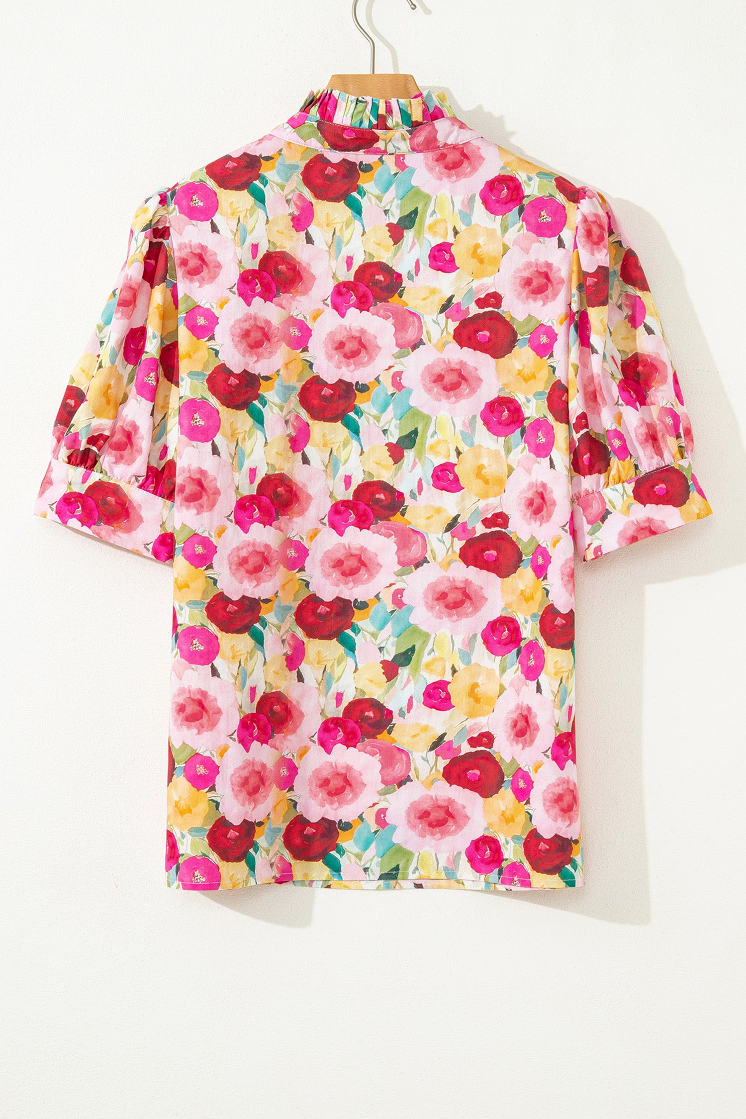 Pink Floral Frilled V Neck Puff Short Sleeve Blouse