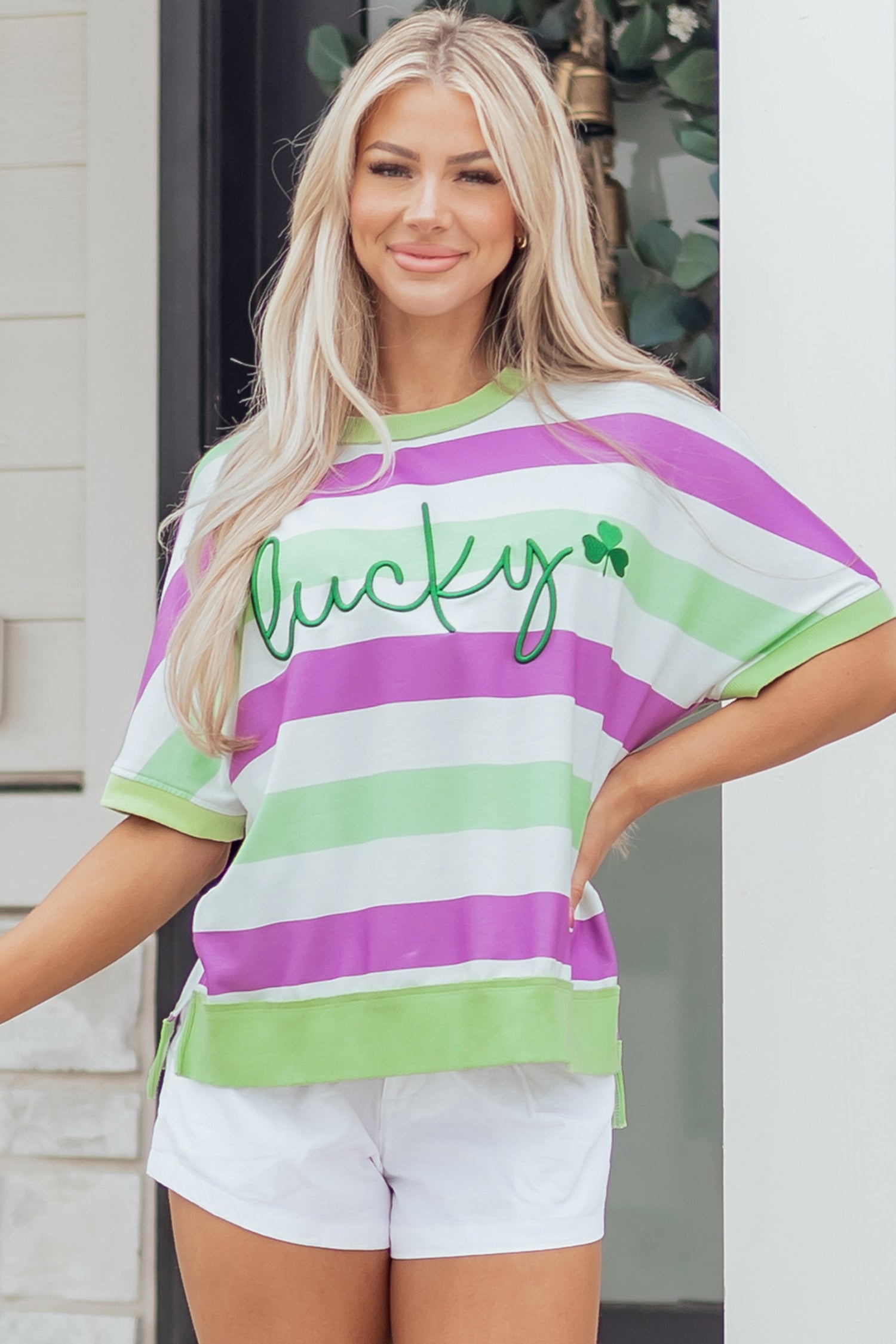 Green Stripe Lucky Clover Embroidered Graphic Dolman Loose Tee