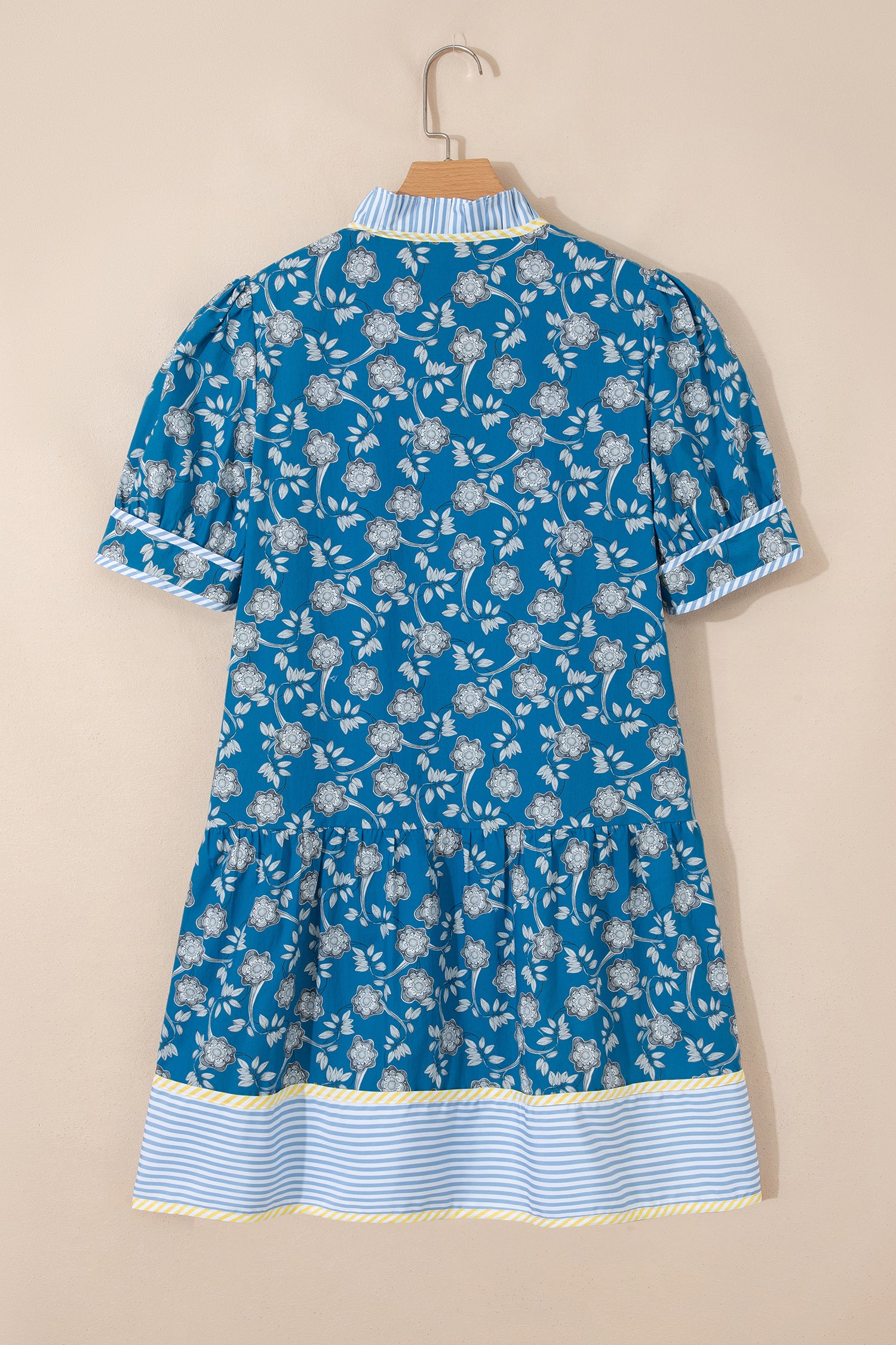 Blue Striped Trim Half Buttons Short Sleeve Floral Dress