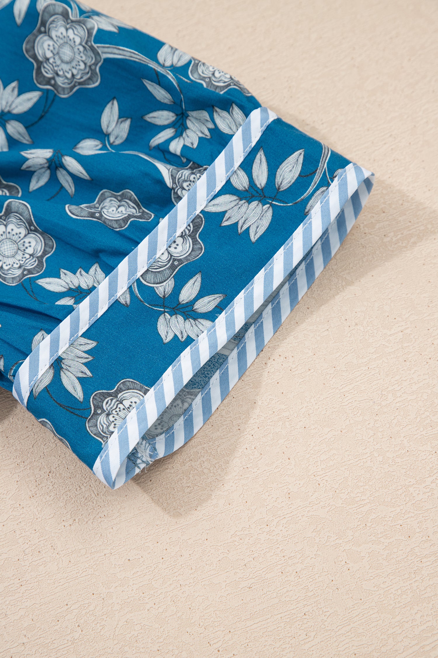 Blue Striped Trim Half Buttons Short Sleeve Floral Dress