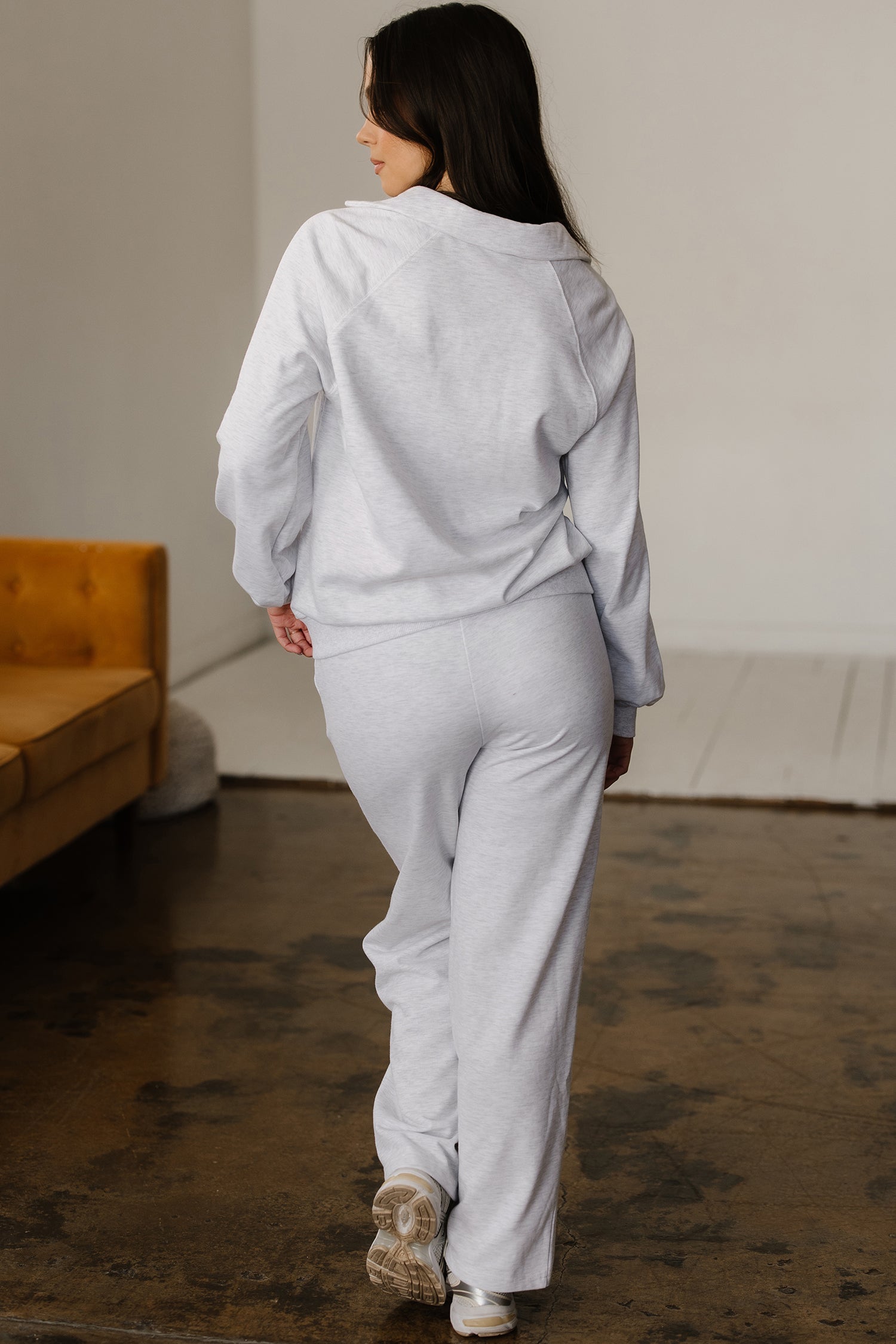 Light Grey Polo Collar V Neck Pullover and Drawstring Sweatpants Set