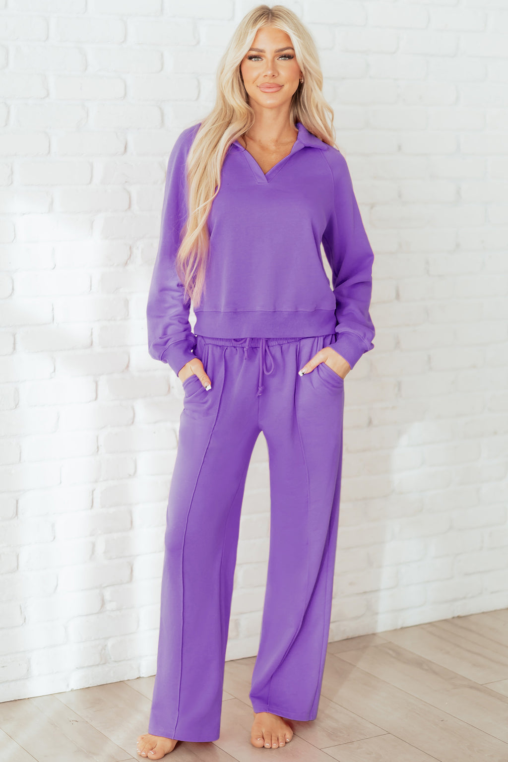Wisteria Solid Color Collared Pullover and Central Seam Pants Set