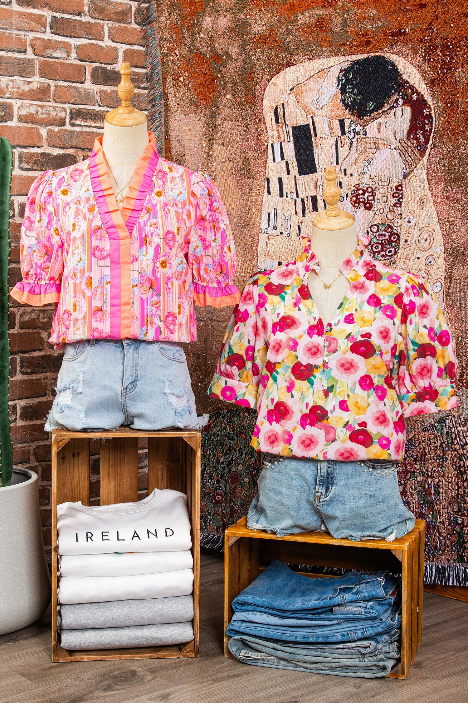 Pink Floral Frilled V Neck Puff Short Sleeve Blouse