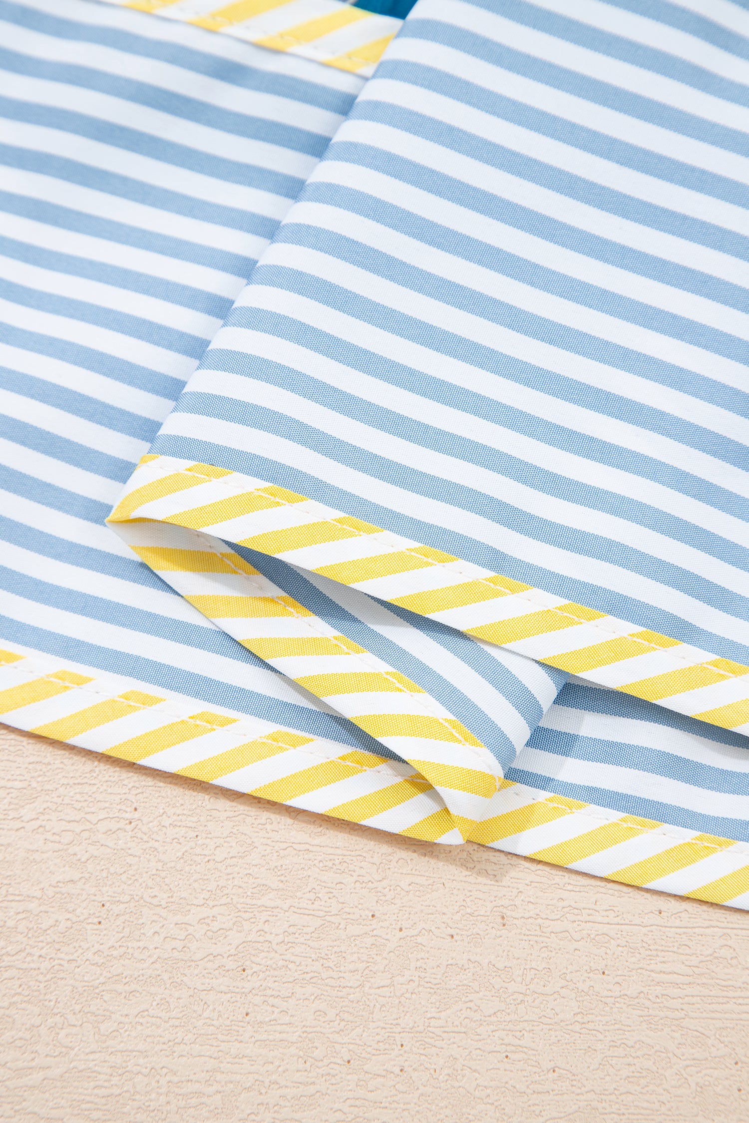 Blue Striped Trim Half Buttons Short Sleeve Floral Dress