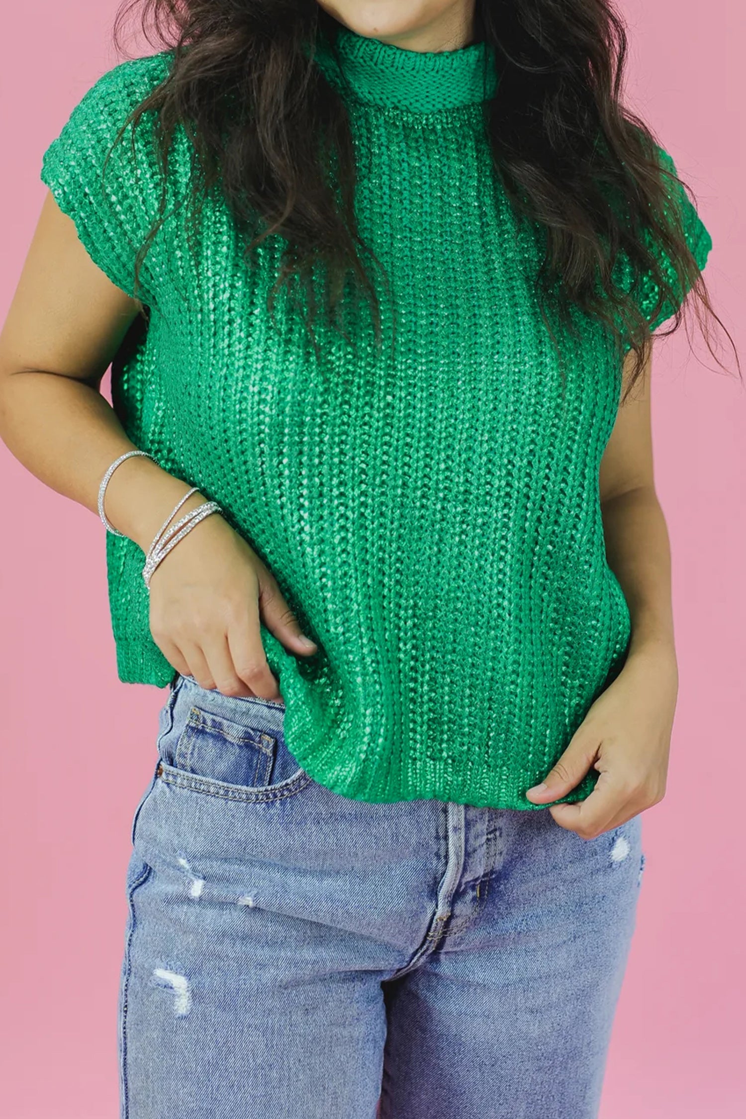 Bright Green Solid Color Knit High Neck Short Sleeve Sweater