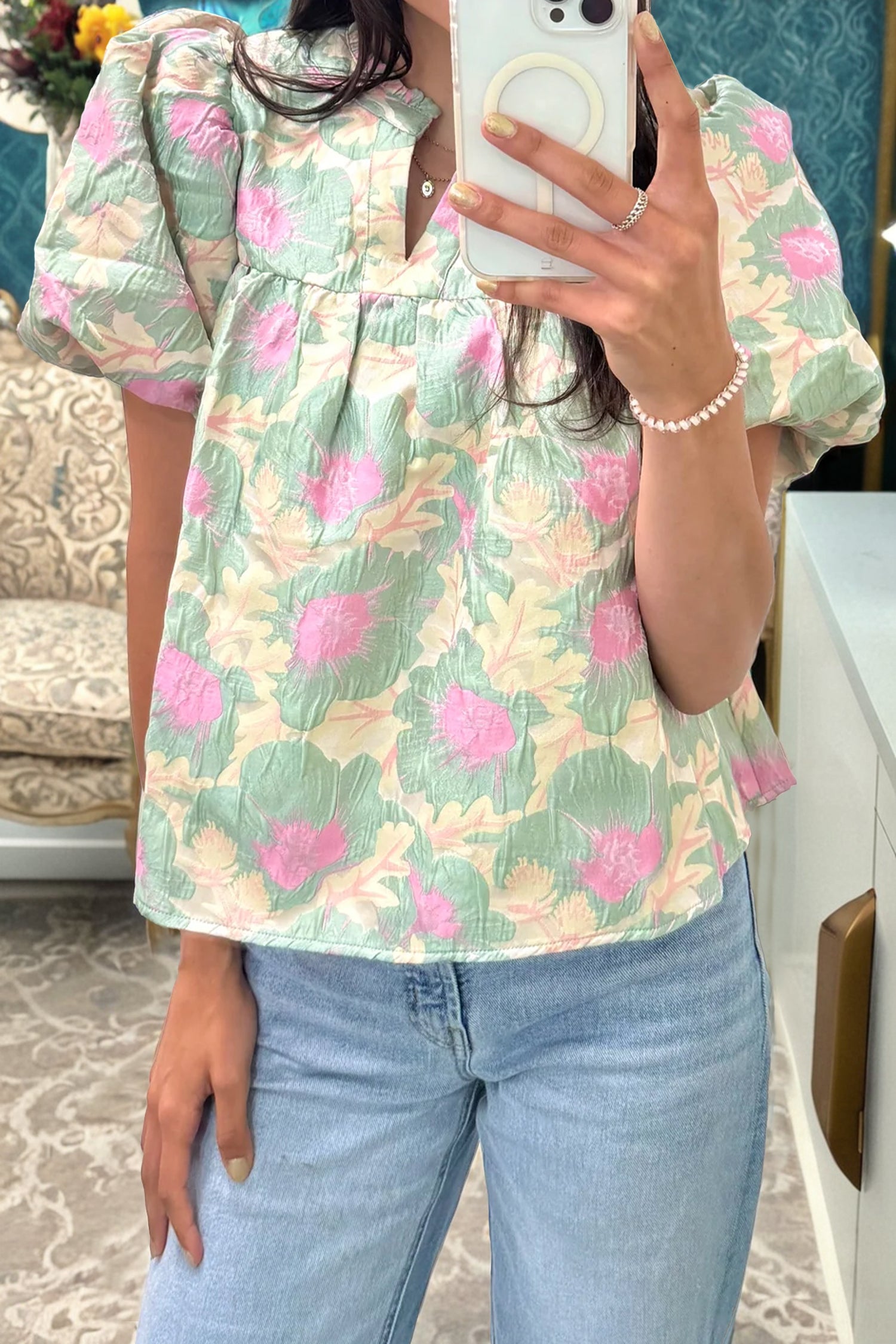 Green Short Bubble Sleeve Summer Floral Blouse