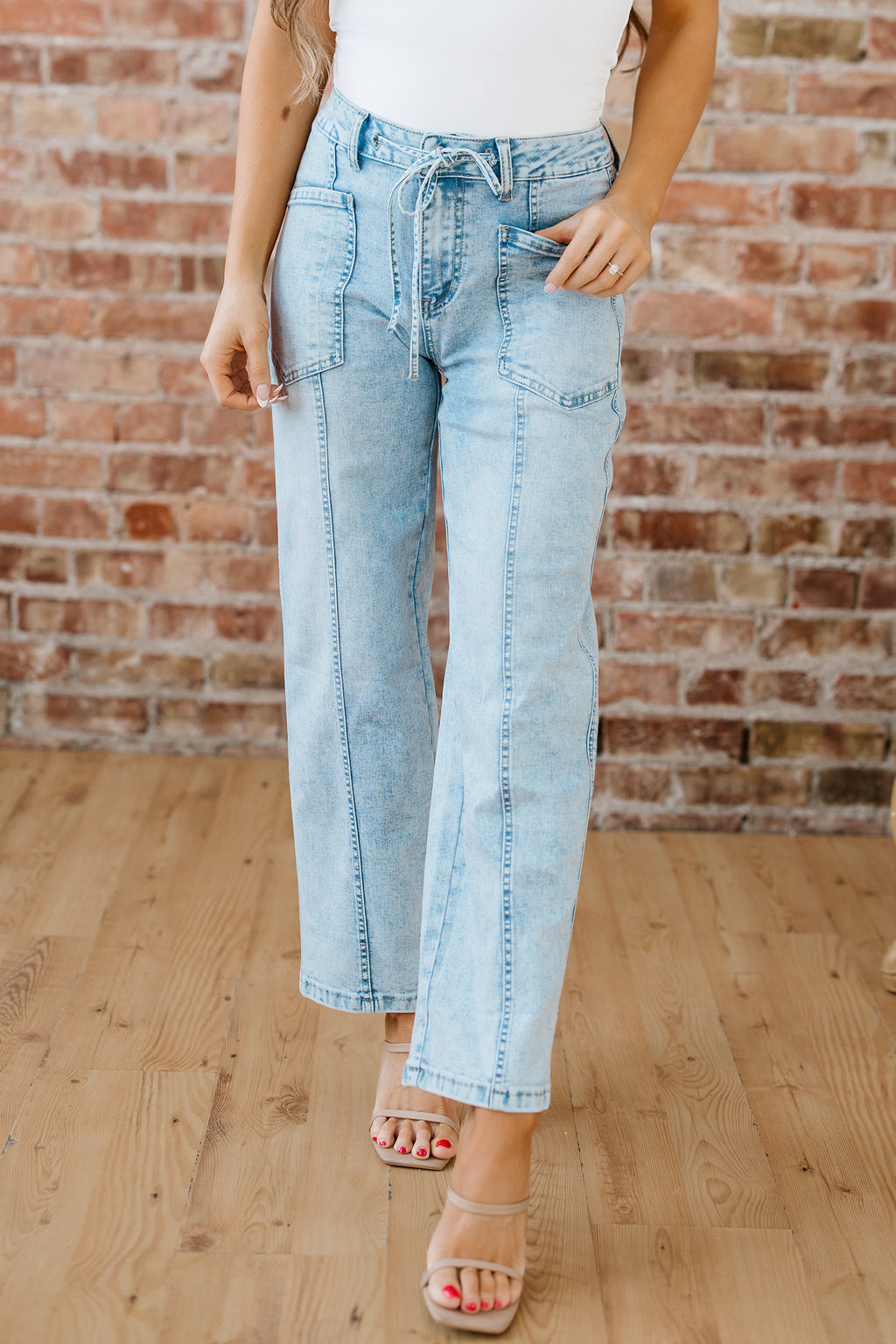 Myosotis Exposed Stitch Detail Drawstring Barrel Jeans