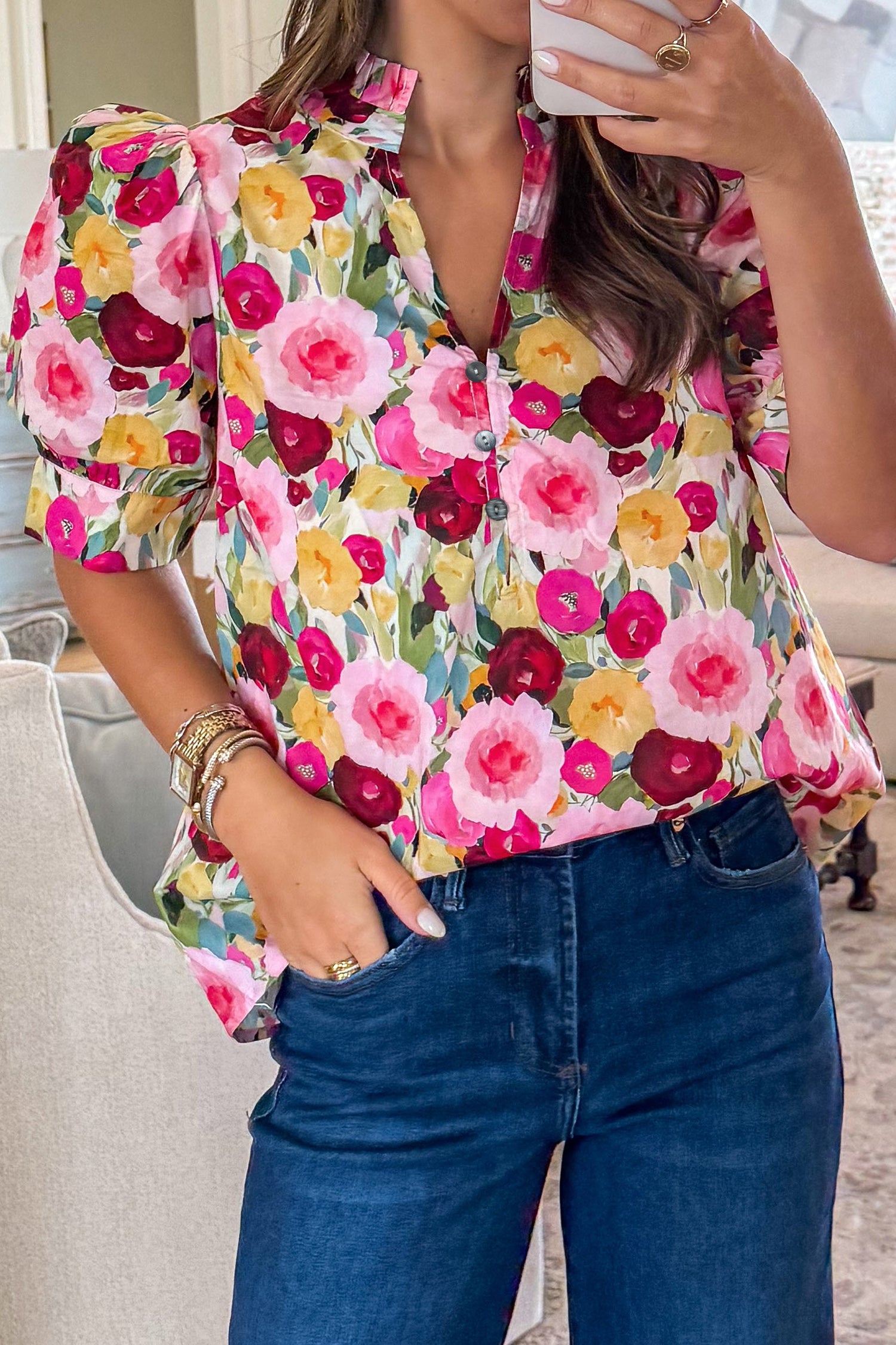 Pink Floral Frilled V Neck Puff Short Sleeve Blouse